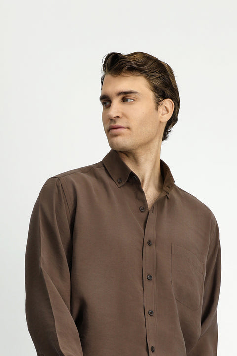 Koyu Kahve Uzun Kol Regular Fit Düğmeli Yaka Cepli Modal Karışımlı Gömlek