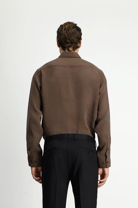 Koyu Kahve Uzun Kol Regular Fit Düğmeli Yaka Cepli Modal Karışımlı Gömlek