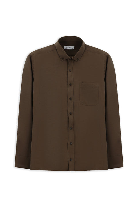 Koyu Kahve Uzun Kol Regular Fit Düğmeli Yaka Cepli Modal Karışımlı Gömlek