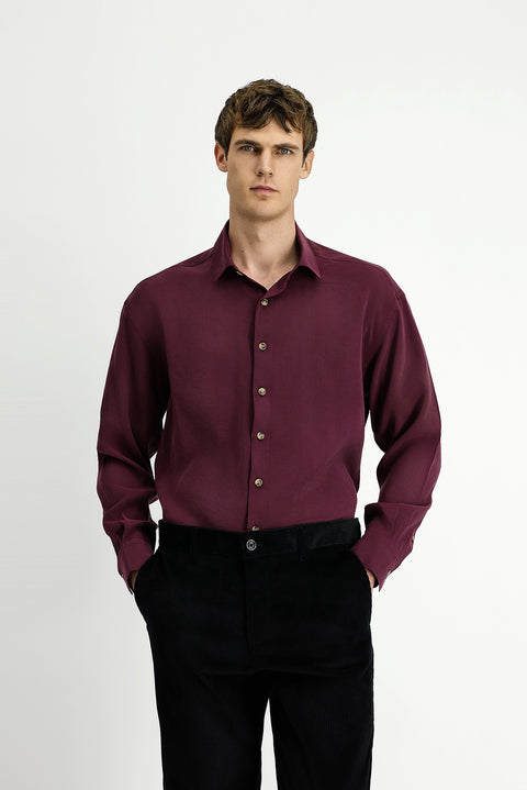 Wine Burgundy Long Sleeve Oversize Extra Relaxed Fit Modal Blend Sport Shirt