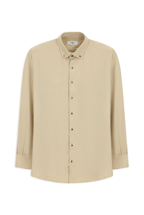 Orta Bej Uzun Kol Regular Fit Desenli Düğmeli Yaka Pamuklu Oduncu Gömlek