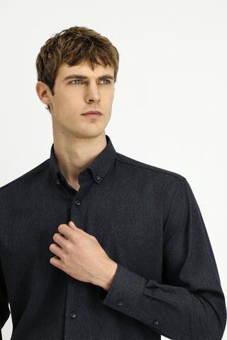  Koyu Antrasit Uzun Kol Regular Fit Desenli Düğmeli Yaka Pamuklu Oduncu Gömlek