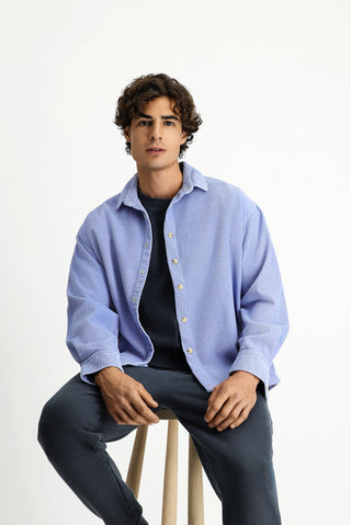  Açık Mavi Uzun Kol Oversize Ekstra Rahat Kesim Pamuk Spor Kadife Gömlek