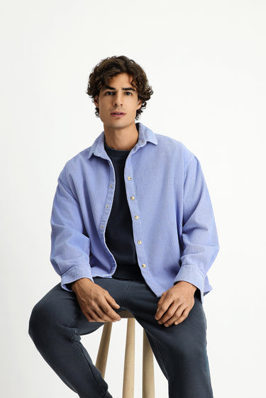 Açık Mavi Uzun Kol Oversize Ekstra Rahat Kesim Pamuk Spor Kadife Gömlek