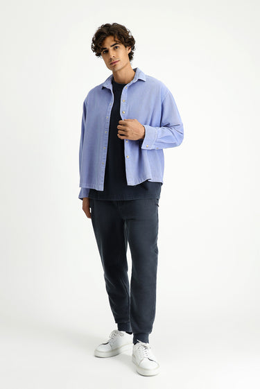 Açık Mavi Uzun Kol Oversize Ekstra Rahat Kesim Pamuk Spor Kadife Gömlek