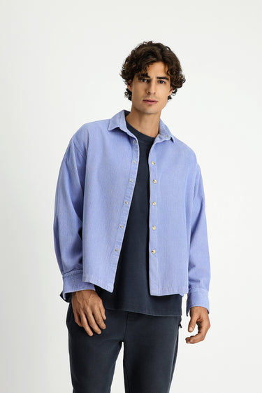 Açık Mavi Uzun Kol Oversize Ekstra Rahat Kesim Pamuk Spor Kadife Gömlek