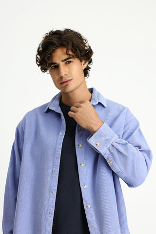  Açık Mavi Uzun Kol Oversize Ekstra Rahat Kesim Pamuk Spor Kadife Gömlek