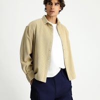 Açık Bej Uzun Kol Oversize Ekstra Rahat Kesim Pamuk Spor Kadife Gömlek