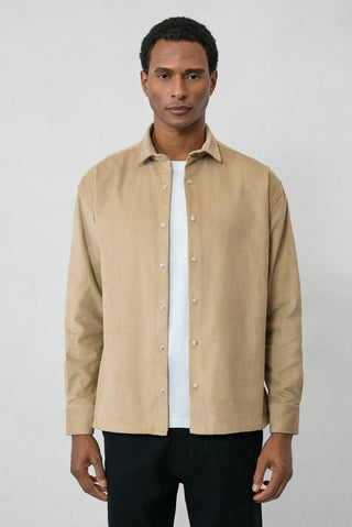  Açık Bej Uzun Kol Oversize Ekstra Rahat Kesim Pamuk Spor Kadife Gömlek