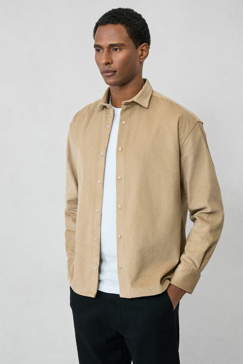 Açık Bej Uzun Kol Oversize Ekstra Rahat Kesim Pamuk Spor Kadife Gömlek