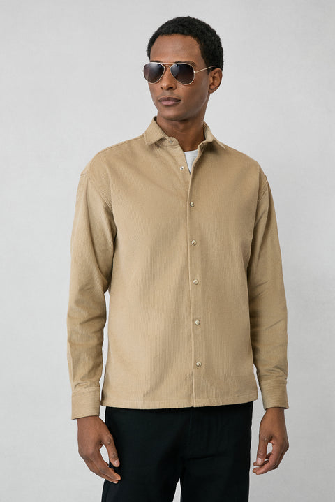 Açık Bej Uzun Kol Oversize Ekstra Rahat Kesim Pamuk Spor Kadife Gömlek