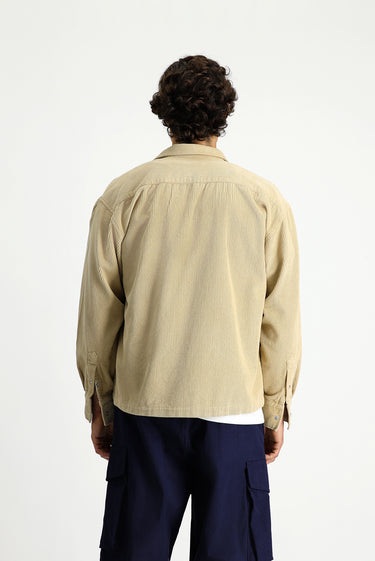 Açık Bej Uzun Kol Oversize Ekstra Rahat Kesim Pamuk Spor Kadife Gömlek