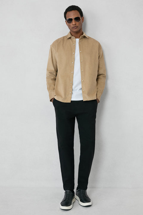 Açık Bej Uzun Kol Oversize Ekstra Rahat Kesim Pamuk Spor Kadife Gömlek