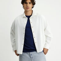 Beyaz Uzun Kol Oversize Ekstra Rahat Kesim Pamuk Spor Kadife Gömlek