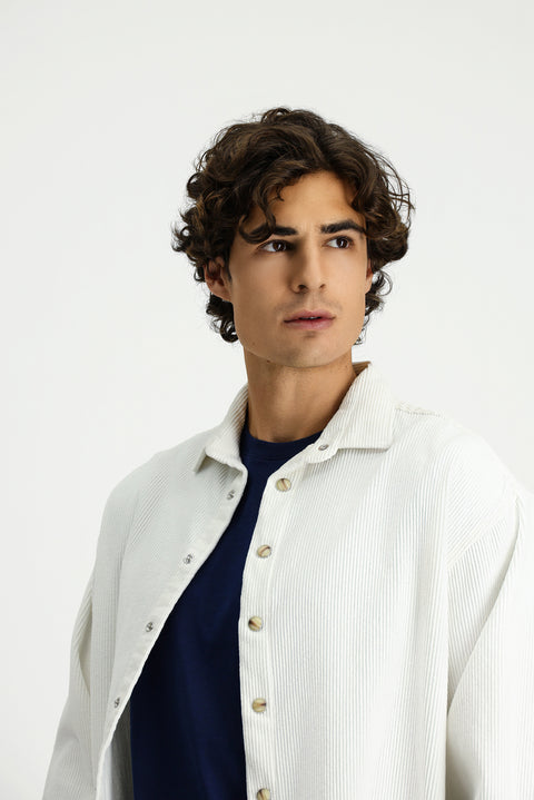 Beyaz Uzun Kol Oversize Ekstra Rahat Kesim Pamuk Spor Kadife Gömlek