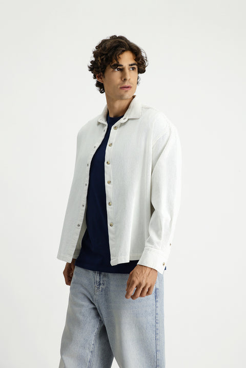 Beyaz Uzun Kol Oversize Ekstra Rahat Kesim Pamuk Spor Kadife Gömlek