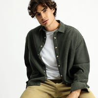 Orta Haki Uzun Kol Oversize Ekstra Rahat Kesim Pamuk Spor Kadife Gömlek