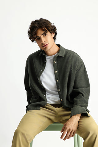  Orta Haki Uzun Kol Oversize Ekstra Rahat Kesim Pamuk Spor Kadife Gömlek