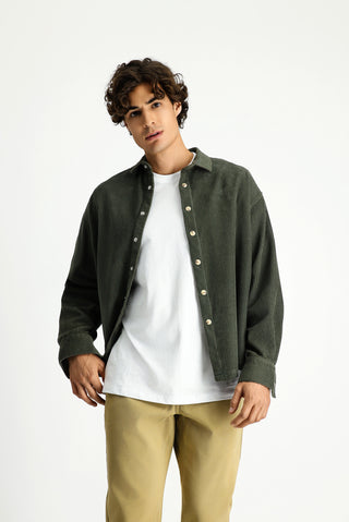  Orta Haki Uzun Kol Oversize Ekstra Rahat Kesim Pamuk Spor Kadife Gömlek