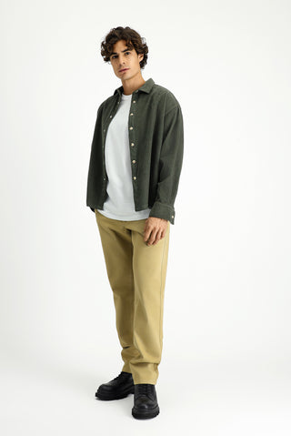  Orta Haki Uzun Kol Oversize Ekstra Rahat Kesim Pamuk Spor Kadife Gömlek