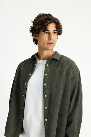  Orta Haki Uzun Kol Oversize Ekstra Rahat Kesim Pamuk Spor Kadife Gömlek