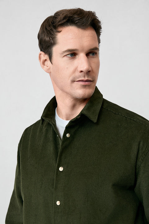 Orta Haki Uzun Kol Oversize Ekstra Rahat Kesim Pamuk Spor Kadife Gömlek