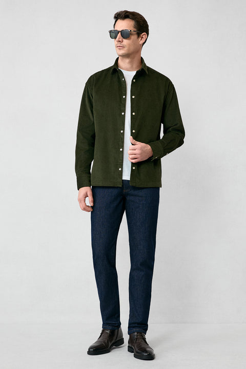 Orta Haki Uzun Kol Oversize Ekstra Rahat Kesim Pamuk Spor Kadife Gömlek