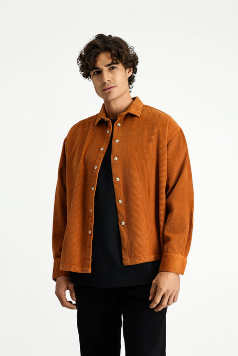 Tarçın  Uzun Kol Oversize Ekstra Rahat Kesim Pamuk Spor Kadife Gömlek