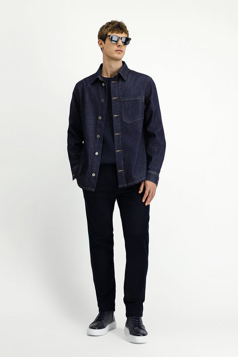 Koyu Mavi  Uzun Kol Regular Fit Pamuk Spor Denim Gömlek / Mont