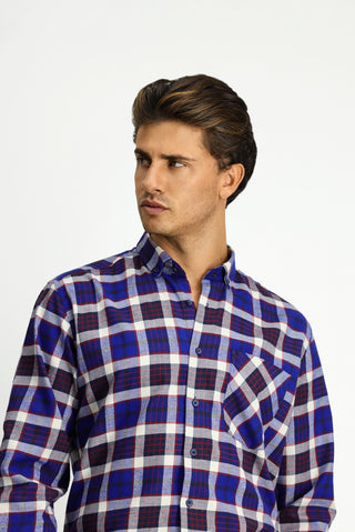  Koyu Lacivert Uzun Kol Regular Fit Ekose Cepli Düğmeli Yaka Pamuk Gömlek