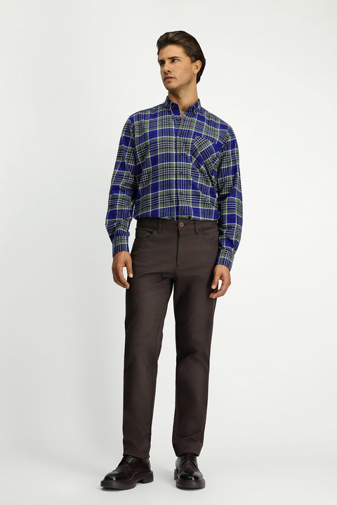 Koyu Yeşil Uzun Kol Regular Fit Ekose Cepli Düğmeli Yaka Pamuk Gömlek