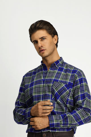  Koyu Yeşil Uzun Kol Regular Fit Ekose Cepli Düğmeli Yaka Pamuk Gömlek