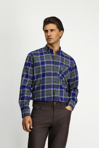  Koyu Yeşil Uzun Kol Regular Fit Ekose Cepli Düğmeli Yaka Pamuk Gömlek