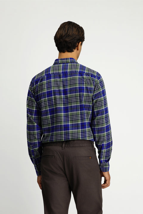 Koyu Yeşil Uzun Kol Regular Fit Ekose Cepli Düğmeli Yaka Pamuk Gömlek