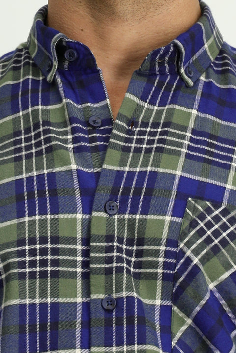 Koyu Yeşil Uzun Kol Regular Fit Ekose Cepli Düğmeli Yaka Pamuk Gömlek