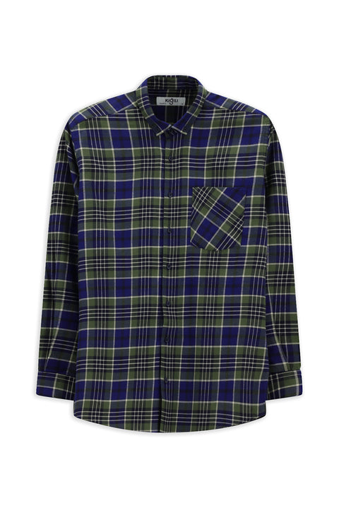 Koyu Yeşil Uzun Kol Regular Fit Ekose Cepli Düğmeli Yaka Pamuk Gömlek