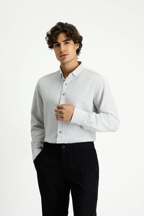 Açık Gri Uzun Kol Regular Fit Desenli Düğmeli Yaka Pamuklu Kolay Ütülenebilir Gömlek