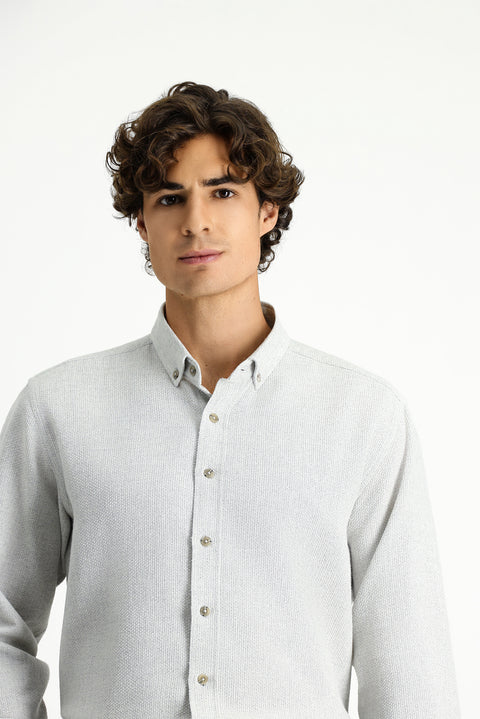 Açık Gri Uzun Kol Regular Fit Desenli Düğmeli Yaka Pamuklu Kolay Ütülenebilir Gömlek