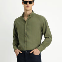 Orta Haki Uzun Kol Oversize Ekstra Rahat Kesim Düğmeli Yaka Lyocell Karışımlı Gömlek