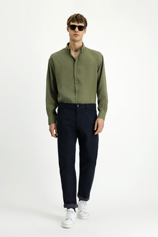  Orta Haki Uzun Kol Oversize Ekstra Rahat Kesim Düğmeli Yaka Lyocell Karışımlı Gömlek