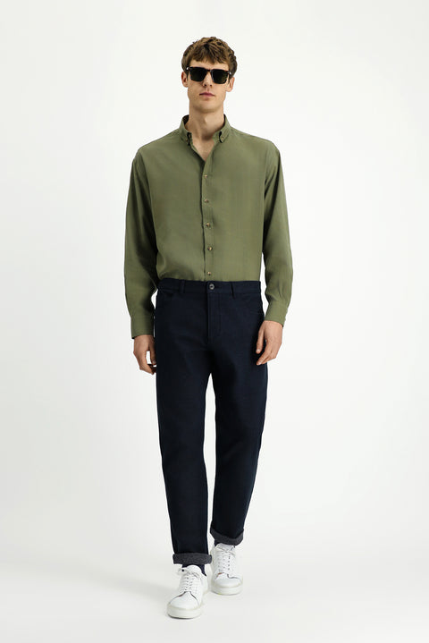 Orta Haki Uzun Kol Oversize Ekstra Rahat Kesim Düğmeli Yaka Lyocell Karışımlı Gömlek