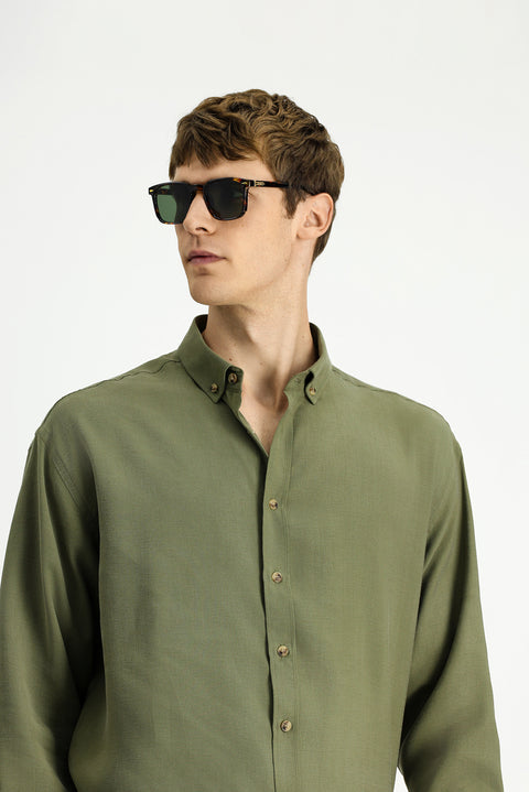 Orta Haki Uzun Kol Oversize Ekstra Rahat Kesim Düğmeli Yaka Lyocell Karışımlı Gömlek