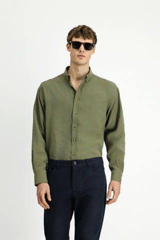  Orta Haki Uzun Kol Oversize Ekstra Rahat Kesim Düğmeli Yaka Lyocell Karışımlı Gömlek