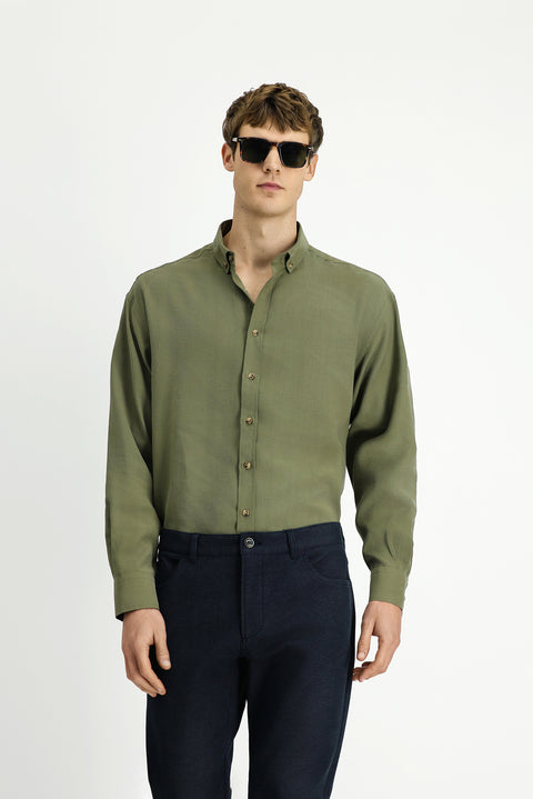 Orta Haki Uzun Kol Oversize Ekstra Rahat Kesim Düğmeli Yaka Lyocell Karışımlı Gömlek