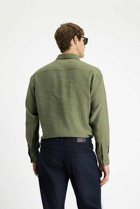 Orta Haki Uzun Kol Oversize Ekstra Rahat Kesim Düğmeli Yaka Lyocell Karışımlı Gömlek