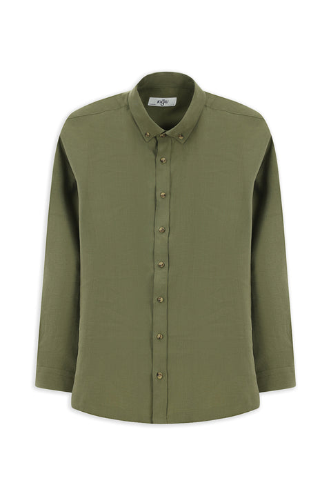 Orta Haki Uzun Kol Oversize Ekstra Rahat Kesim Düğmeli Yaka Lyocell Karışımlı Gömlek