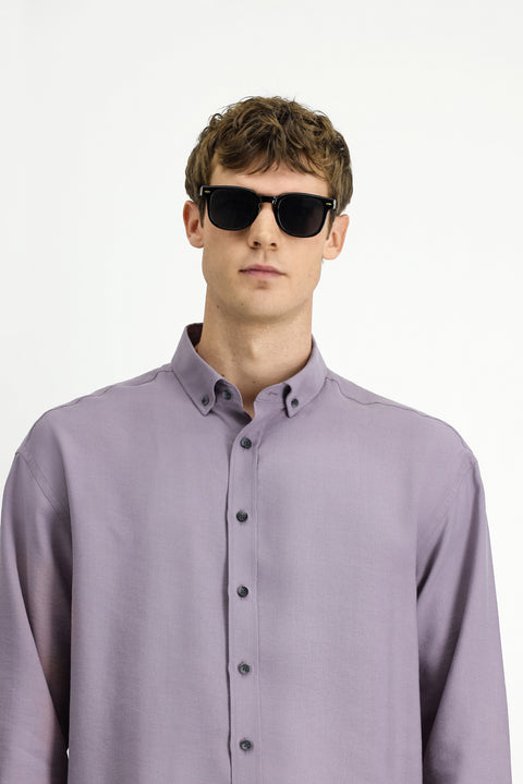 Lila Uzun Kol Oversize Ekstra Rahat Kesim Düğmeli Yaka Lyocell Karışımlı Gömlek