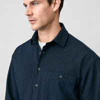 Koyu Lacivert Uzun Kol Oversize Ekstra Rahat Kesim Fit Çizgili Spor Gömlek