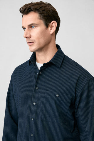  Koyu Lacivert Uzun Kol Oversize Ekstra Rahat Kesim Fit Çizgili Spor Gömlek-Ki??l?