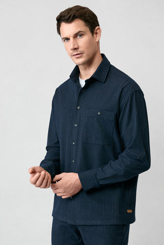  Koyu Lacivert Uzun Kol Oversize Ekstra Rahat Kesim Fit Çizgili Spor Gömlek-Ki??l?